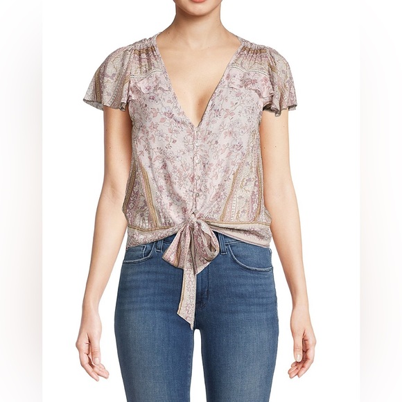 Lovestitch Boho Floral Tie-Front Top - Blush - Size M - Picture 1 of 5